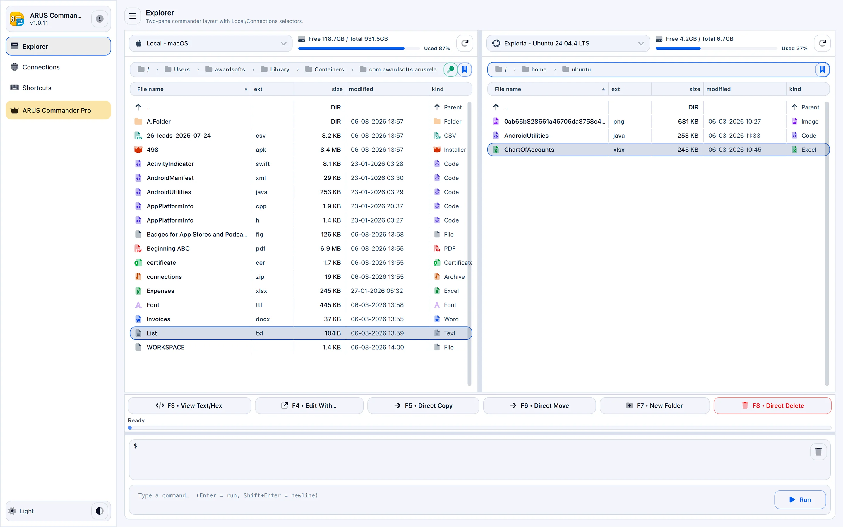 ARUS Commander — مدیر فایل دوپنجره‌ای SFTP و SSH screenshot 1