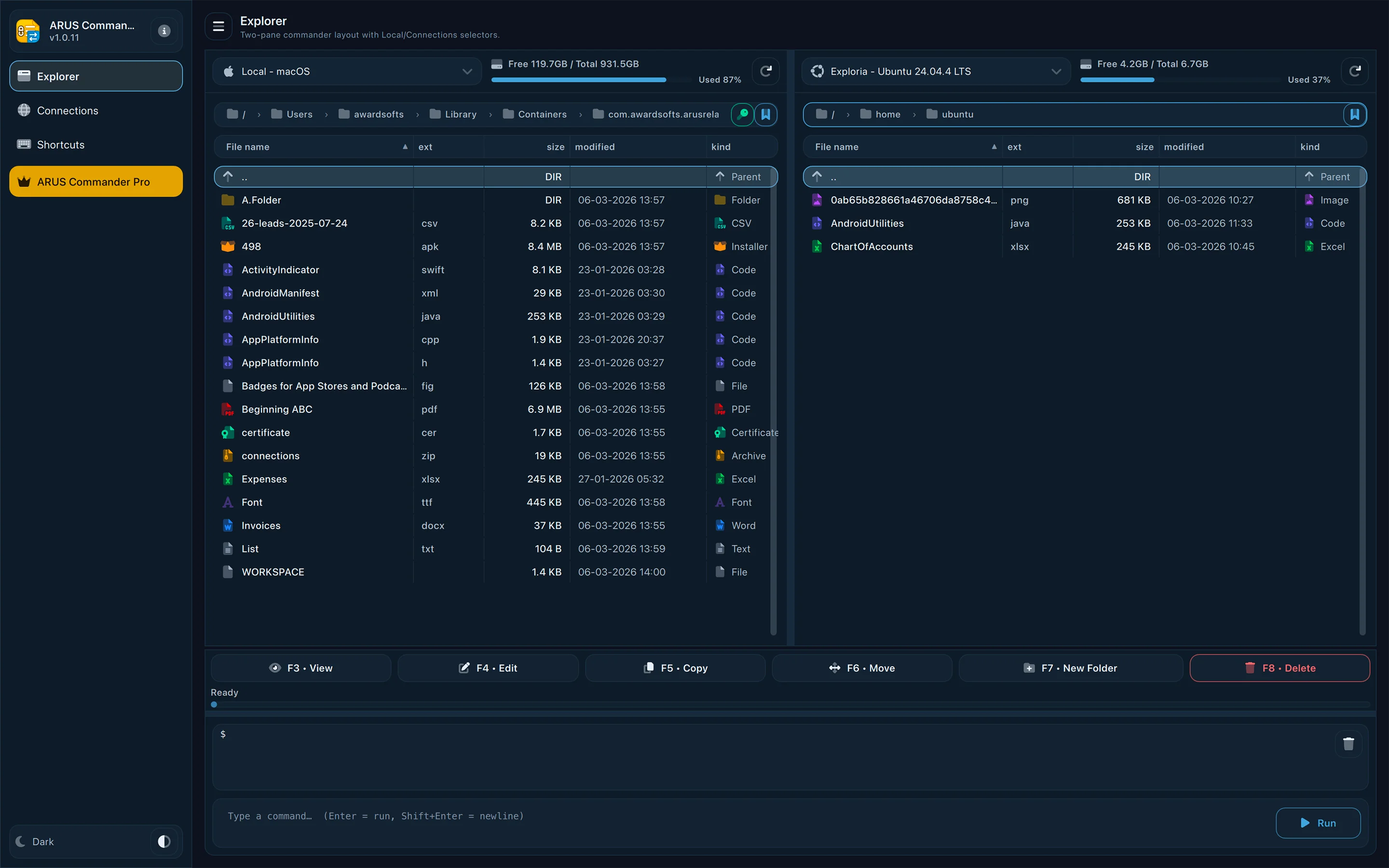 ARUS Commander — مدیر فایل دوپنجره‌ای SFTP و SSH screenshot 2