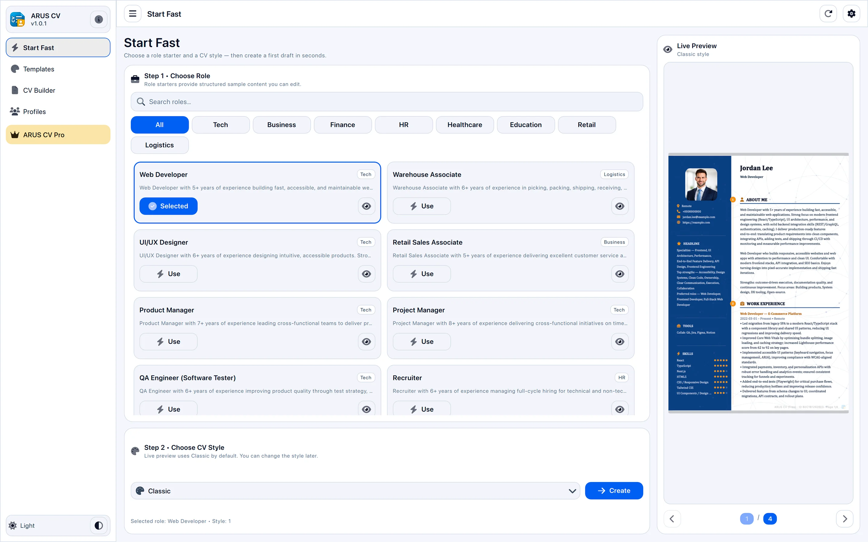 ARUS CV — ATS-Friendly Resume Builder & Professional PDF CV Maker screenshot 4